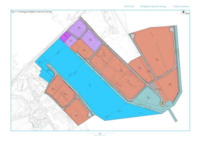 Situasjonsplan som viser et forslag til detaljplan for Gjøssund næringsområde. Planen illustrerer tomtedeling, veisystem og arealbruk med fargekoding.