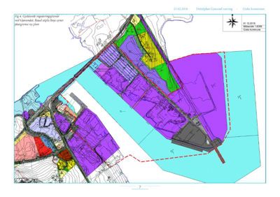 Situasjonsplan (reguleringsplan) som viser tomtedeling, arealbruk og byggegrenser for et område ved Gjøsund.