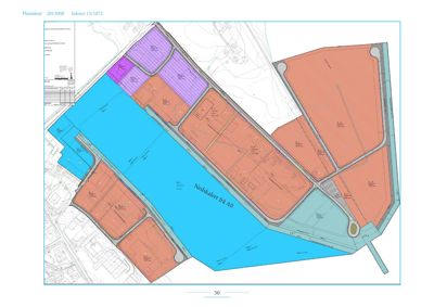 Situasjonsplan som viser tomtedeling, vegnett og arealbruk for et område.