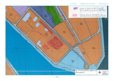 Situasjonsplan (oversikt) over et deponi ved Gjosundneset med angitte soner og infrastruktur.