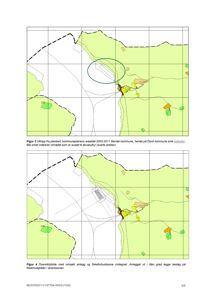 Kartutsnitt som viser et område langs kysten med fargekodet arealbruk (f.eks. grønt for landbruk, blått for vann) og en sirkel som markerer et spesifikt område.