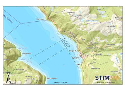 Kart over et område ved Storfjorden med topografiske detaljer, vannfyllinger og vegnett.