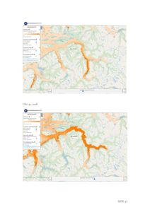 Kart over et vassdrag (sannsynligvis en elv eller innsjø) med overlagte data om vannstand og muligens vannføring, hentet fra et hydrologisk datablad.