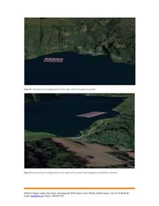 3D-visualiseringer (renderinger) av et anleggsgramme sett fra to ulike vinkler over vannet.
