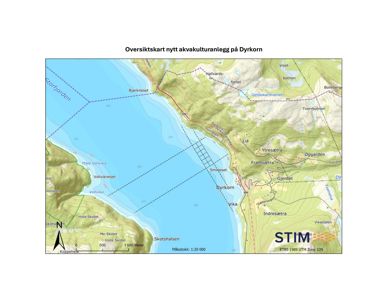 Oversiktskart over et område ved Dyrkorn som viser topografi, vannveier og en planlagt plassering for et akvakulturanlegg.