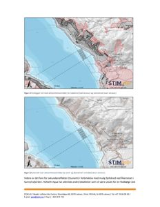 Kart som viser et område med kystlinje, fjellterreng og overlagte risikozoner (f.eks. snøskred og steinskrred) med skravering. Kartet inneholder også en nordpil og skala.
