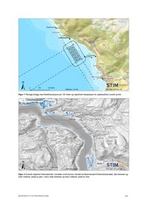 Bildet viser to kart (Figur 1 og Figur 2) som illustrerer planlagt fiskeanlegg, fiskeriklivt og sjøfartsfarvann i et geografisk område.
