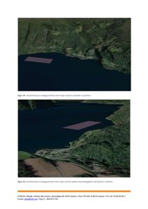 3D-visualiseringer av en anleggsramme (f.eks. en havfarm eller offshore-anlegg) sett fra ulike vinkler over et fjordlandskap.