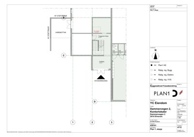 Etasjeplan (Plan 1. etasje) som viser romfordeling, inngang, trapp og varemottak.