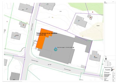 Situasjonsplan som viser bygningens plassering i forhold til naboeiendommer, veier og terrengforhold.