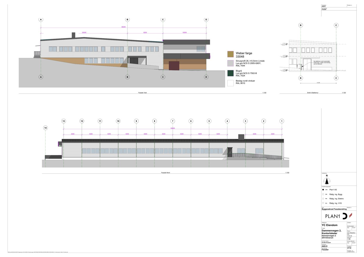 Fasadetegning som viser bygningens utseende fra ulike vinkler (front, side og bak) med angitte mål og fargevalg.