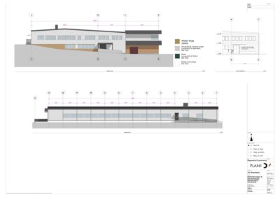 Fasadetegning som viser bygningens utseende fra ulike vinkler (front, side og bak) med angitte mål og fargevalg.