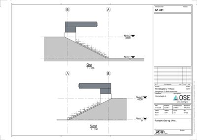 Fasadetegning som viser oppriss av bygningen sett fra øst og vest, inkludert nivåer (Nivå 0 og Nivå 2) og trappetrinn.