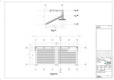 En tegning som viser et snitt (Snitt A-A) gjennom en bygning, med en plantegning under og detaljer om nivåer.