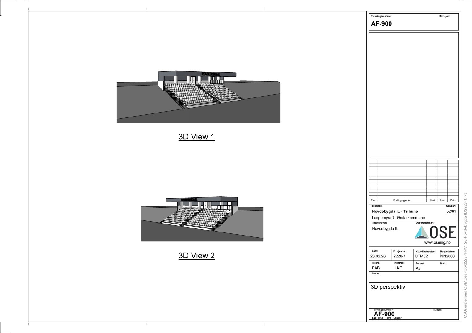 3D-perspektivtegning (rendering) av en tribune med sitteplasser og tak.