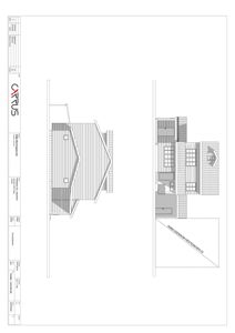Fasadetegning som viser bygningens utseende fra siden, inkludert takform, vinduer og materialer.