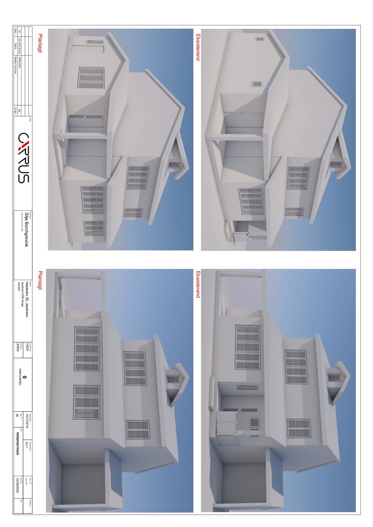 Bildet viser fire 3D-visualiseringer av en planlagt bygning (villa) sett fra ulike vinkler (fra foran og fra siden).