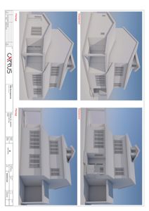 Bildet viser fire 3D-visualiseringer av en planlagt bygning (villa) sett fra ulike vinkler (fra foran og fra siden).