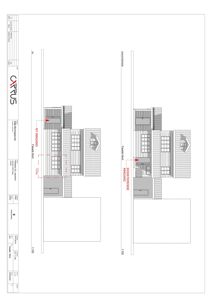 Fasadetegning som viser bygningens utseende sett fra fronten, med markeringer for eksisterende og ny inngang.
