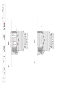 Fasadetegning som viser bygningens utseende fra to vinkler (vest og øst) med detaljer om takform, vinduer og fasadematerialer.