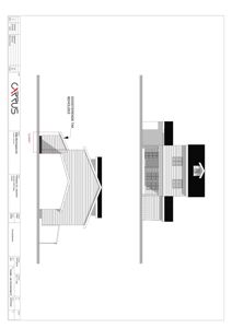 Fasadetegning som viser bygningens utseende fra fronten, inkludert eksisterende tak og tilbygg.
