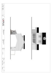 Fasadetegning som viser bygningens utseende fra to ulike vinkler (for- og sidefasade).