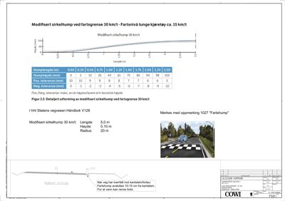 Tegning som viser detaljert utforming av en modifisert sirkelhump (fartshump) med spesifikke dimensjoner og toleranser, inkludert et snitt og en illustrasjon.