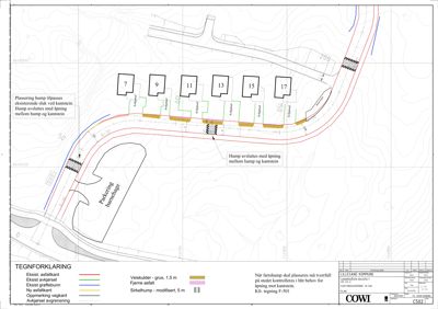 Situasjonsplan som viser plassering av hus (7, 9, 11, 13, 15, 17), parkeringsbarnhage, vegnettet, høydemålerlinjer og detaljer om hump og kantstein.