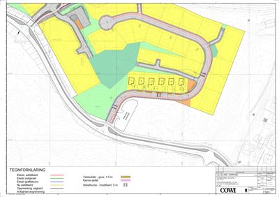 Situasjonsplan som viser tomtens beliggenhet, veioppsett, beplantning og eksisterende/nytt asfaltlag.