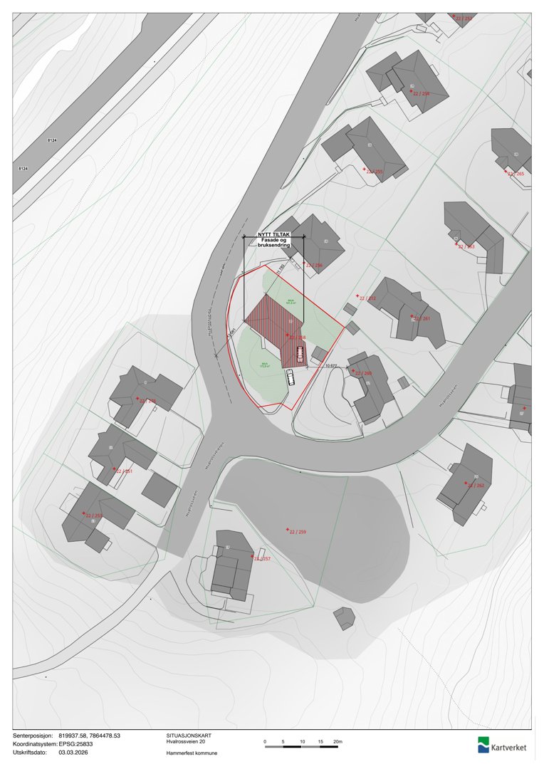 Situasjonskart som viser tomtens plassering i forhold til nabolag, veier og høydeforhold.