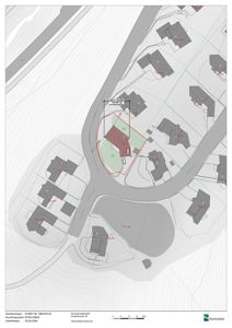 Situasjonskart som viser tomtens plassering i forhold til nabolag, veier og høydeforhold.