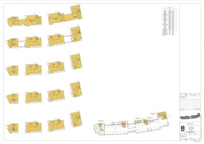 Etasjeplan med flere romfordelinger for ulike leiligheter eller enheter.
