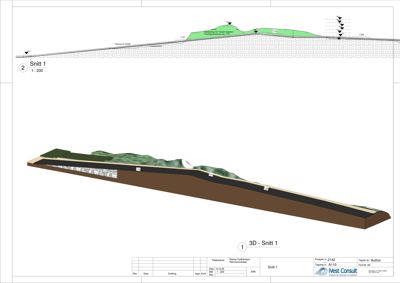 Snittegning (Snitt 1) som viser tverrsnittet gjennom et terrengprosjekt med 2D-tegning og 3D-visualisering.