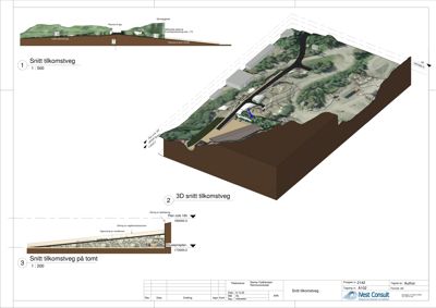 Tegning som viser tverrsnitt av en tilkomstvei (veibanen) og den omkringliggende terrenget, inkludert høydemål og konstruksjonsdetaljer.