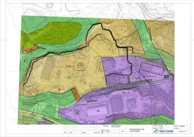Situasjonsplan med kommunale planer (KB101, N110) og topografi.
