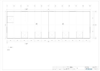 Etasjeplan (1. etasje) som viser romfordeling, dimensjoner og plassering av søyler.