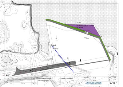 Situasjonsplan som viser tomtens form, høydemålinger (konturlinjer), grenser, og et definert tilleggssareal (Tilleggsareal - Kjøp).