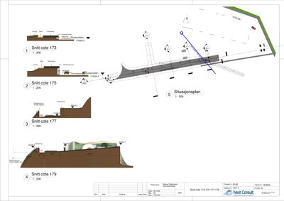 Dette bildet viser en snittegning (Snitt) som illustrerer bygningens tverrsnitt gjennom ulike høyder (cote 173, 175, 177, 179). Det viser også situasjonsplanen (5) og detaljer for terrengform og konstruksjon.