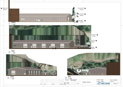 Fasadetegning som viser bygningens utseende fra fire sider (Nord, Syd, Vest, Øst) med omgivende terreng.