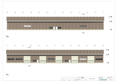 Fasadetegning som viser bygningens utseende fra nord og sør, inkludert vinduer, dører og fasadematerialer.