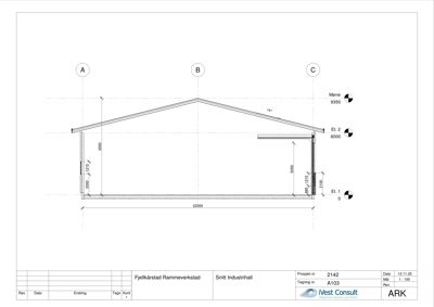 Snittegning (tverrsnitt) av en industrihall som viser høyder, takform og nivåer.