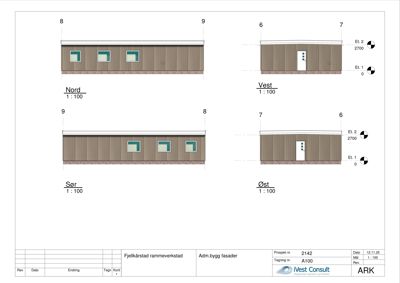 Fasadetegning som viser bygningens utseende fra alle fire sider (Nord, Sør, Øst, Vest) med vinduer, dører og mål.