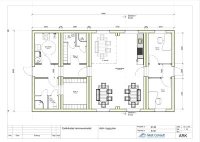 Etasjeplan (Adm. bygg plan) for Fjellkårdstam rammeverksted med romfordeling, dimensjoner og arealoppdelinger.