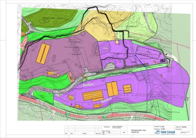 Situasjonsplan med regulering som viser tomtens beliggenhet, høydeforhold, eksisterende bygninger og vegnett.