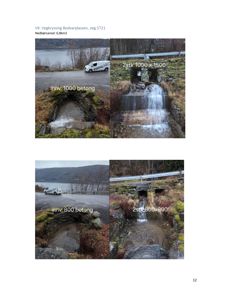 Fotografier av en vegkryssing (V4) med vannføring, inkludert tekst om nedbørsareal og dimensjoner på betongrør.