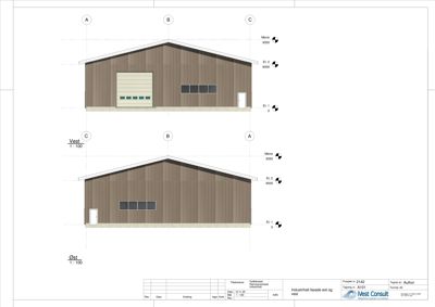 Fasadetegning som viser bygningens utseende fra øst og vest med høydeangivelser.