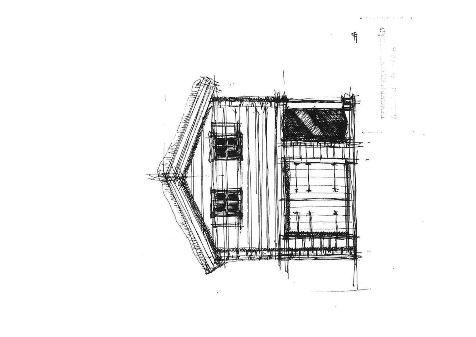 En håndtegnet fasadeopprikk (fra siden) av en bygning, som viser takform, vinduer og en balkong.