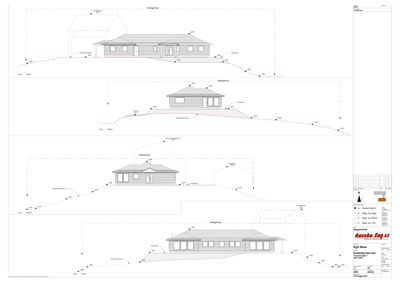 Fasadetegning med oppriss av bygning sett fra fire ulike vinkler (sør, vest, nord og øst), inkludert terrengforhold og høydemål.