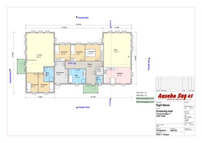 Etasjeplan for en bolig som viser romfordeling, arealer og fasaderetninger.