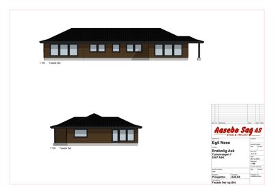 Fasadetegning som viser bygningens utseende fra øst og sør.